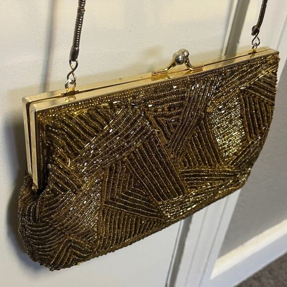 Vintage 1980s GOLD Geometric Beaded Luxury Designer Evening Bag Pristine 1 - Picture 3 of 12